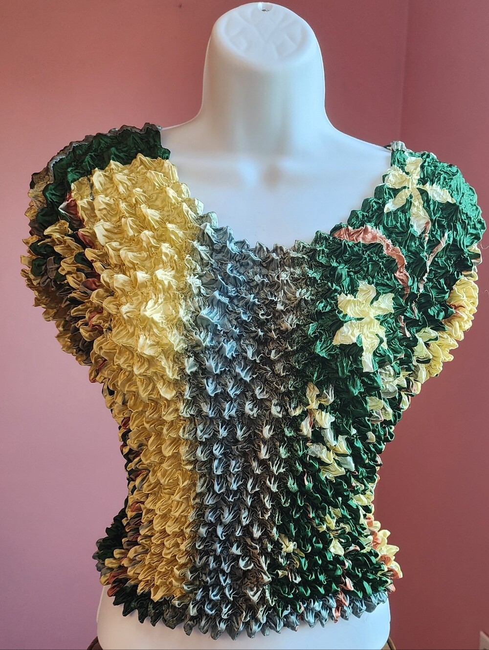 Watercolor Green and Yellow Bubble Crinkle Stretch Top Whimsical Y2K Fairycore